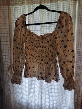 H&M Cream Floral Smocked Square-Neck Blouse with Puff Sleeves